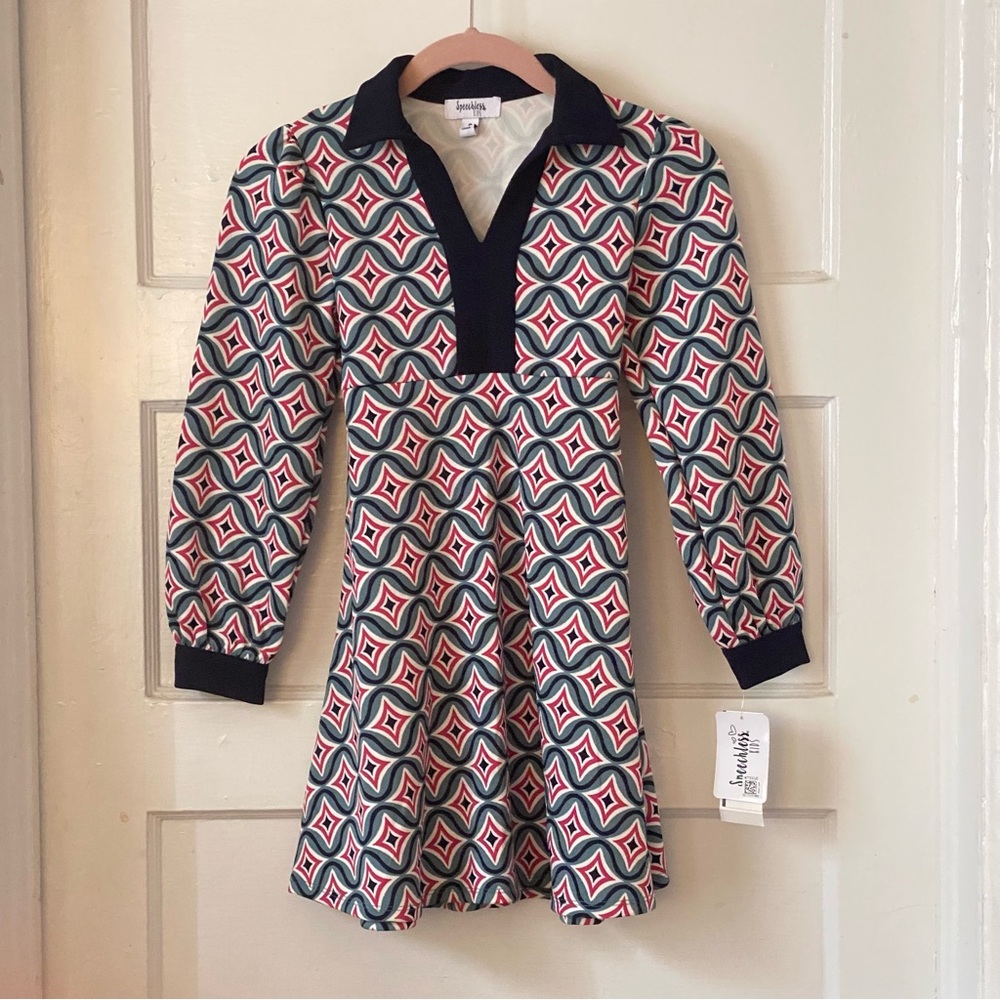 Collared Tie Back Teal Fuisha Patterned 70s Dress Size 8 Kids NWT